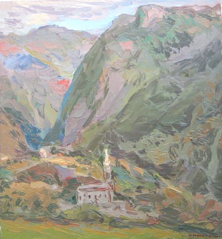 Landscape with a church in Orcières. Oil on canvas, H 70 x W 75 cm (H 27.6 x W 29.5 inches). 2005