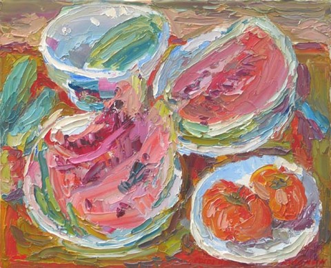 Still life with watermelon. Oil on canvas, H 31 x W 38.5 cm (H 12.2 x W 15.2 inches). 2010. Private collection