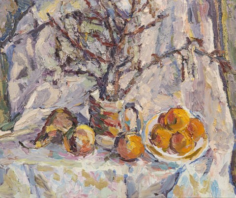 Still life with branches and fruits. Oil on canvas, H 61 x W 73 cm (H 24 x W 28.7 inches). 2013