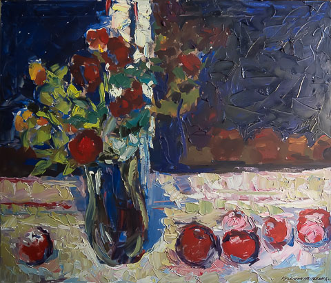 Flowers in a blue vase and apples. Oil on canvas, H 68 x W 80 cm (H 26.8 x W 31.5 inches). 2013