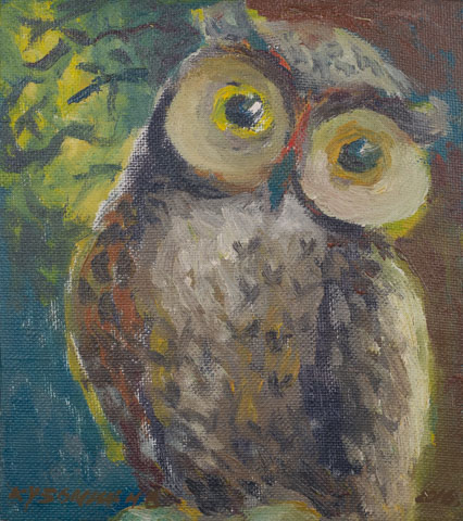 Owl - Big Head. Oil on canvas, H 27 x W 24 cm (H 10.6 x W 9.4 inches). 2016