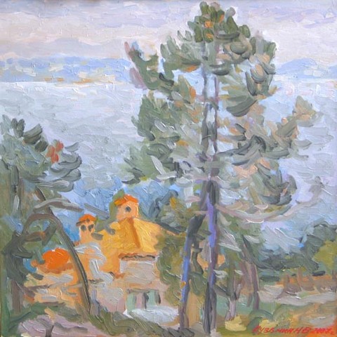Small house with pine tree walk in Théoule. Oil on canvas, H 50 x W 50 cm (H 19.7 x W 19.7 inches). 2007