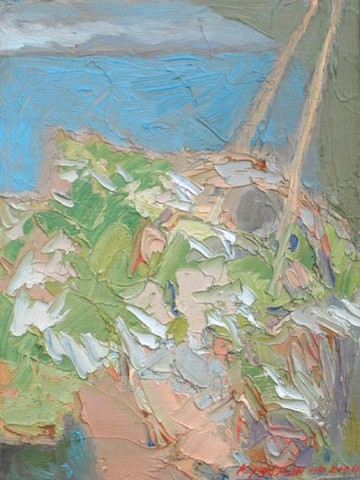 Flowers in a hanging basket. Oil on canvas, H 30 x W 23 cm (H 11.8 x W 9.1 inches). 2004