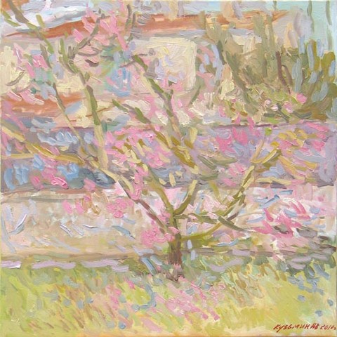 Peach tree in bloom. Viroflay. Oil on canvas, H 50 x W 50 cm (H 19.7 x W 19.7 inches). 2010