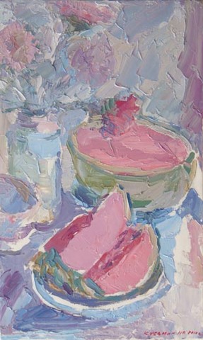 Still life with watermelon and flowers. August. Oil on canvas, H 55 x W 33 cm (H 21.7 x W 13 inches). 2010