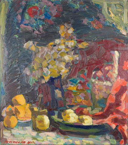 Still life with apples lit up by the sun. Oil on canvas, H 70 x W 61.5 cm (H 27.6 x W 24.2 inches). 2013