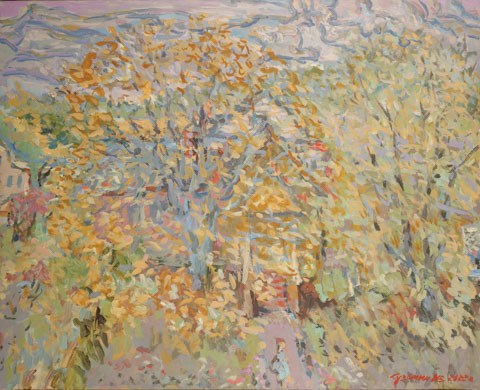 Autumn porch. Oil on canvas, H 68 x W 85 cm (H 26.8 x W 33.5 inches). 2022