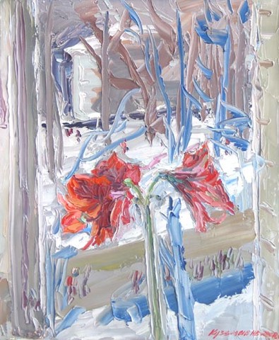 A window in winter with an amaryllis. Oil on canvas, H 60 x W 50 cm (H 23.6 x W 19.7 inches). 2008. Private collection