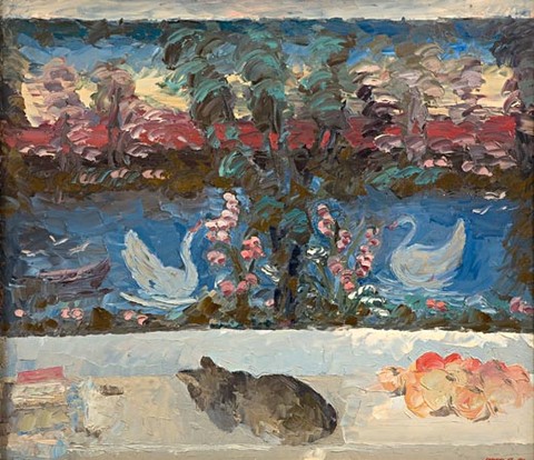 La chatte endormie (Tableau populaire). Huile sur toile, H 88 x L 100 cm. 1992