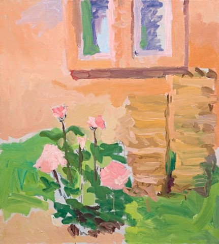 Les roses sous la fenêtre. Huile sur toile, H 100 x L 90 cm. 2005