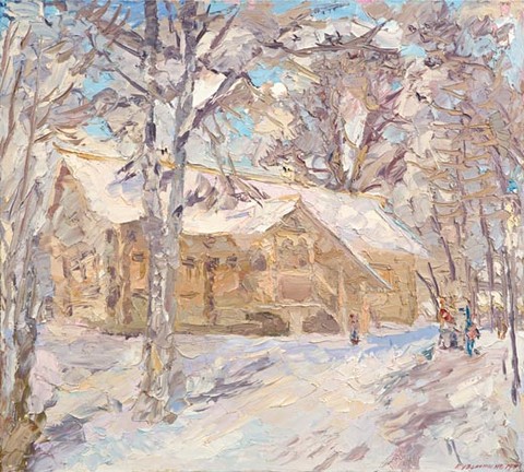 Winter day. Kolomenskoïe. The house of Peter the Great. Oil on canvas, H 90 x W 100 cm (H 35.4 x W 39.4 inches). 1993