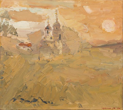 Le soir. Troïekourovo. L'église de Nikola et de Barbara. Huile sur toile, H 57 x L 64 cm. 1994