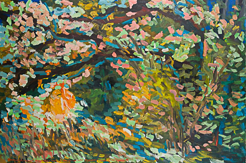 Evening light in the oak grove. Oil on canvas, H 100 x W 150 cm (H 39.4 x W 59.1 inches). 2018