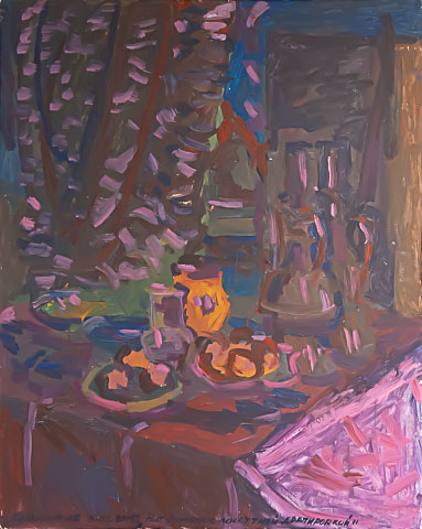 Still life with patchwork drapery. Oil on cardboard, H 100 x W 80 cm (H 39.4 x W 31.5 inches). 2015